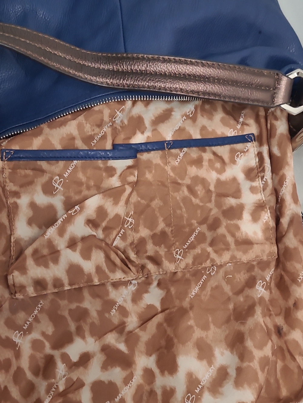 b. makowsky Blue and Black Leather Hobo Bag with Brown Handles - Picture 11 of 13